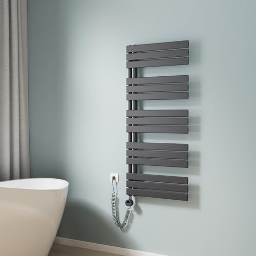 EMKE Badheizkörper Handtuchhalter Elektrisch 1320x600 mm, Handtuchheizkörper Elektrisch mit Thermostat Elektrischer Handtuchwärmer Handtuchtrockner Handtuchheizung mit Heizstab Anthrazit 800W von EMKE