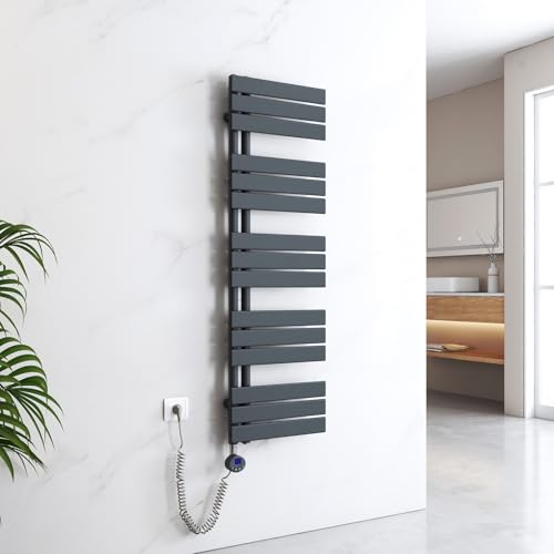 EMKE Handtuchheizkörper Elektrisch 1320x400 mm, Badheizkörper Elektrisch mit Thermostat Elektrischer Handtuchwärmer Handtuchtrockner Handtuch Heizkörper Bad Handtuchhalter mit Heizstab Anthrazit 600W von EMKE