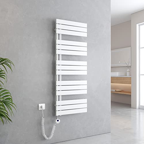 EMKE Handtuchheizkörper Elektrisch 1320x500 mm, Badheizkörper Elektrisch mit Thermostat Elektrischer Handtuchwärmer Handtuchtrockner Handtuch Heizkörper Bad Handtuchhalter mit Heizstab Weiß 800W von EMKE