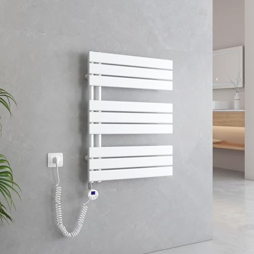 EMKE Handtuchheizkörper Elektrisch 762x600 mm, Badheizkörper Elektrisch mit Thermostat Elektrischer Handtuchwärmer Handtuchtrockner Handtuch Heizkörper Bad Handtuchhalter mit Heizstab Weiß 400W von EMKE
