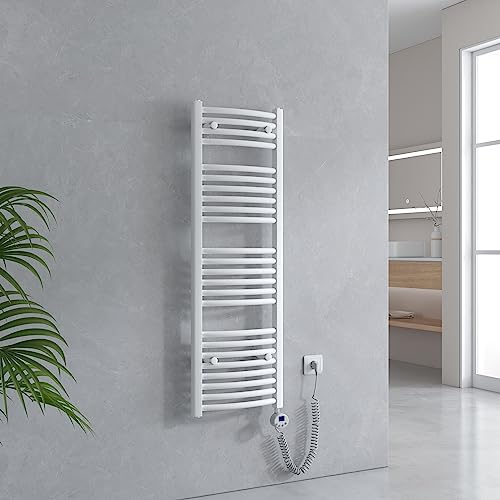 EMKE Handtuchheizkörper Elektrisch 1200 x 400 mm, Gebogen Badheizkörper Elektrisch mit Thermostat, Handtuchtrockner Handtuchwärmer mit Timer Weiß 500W von EMKE
