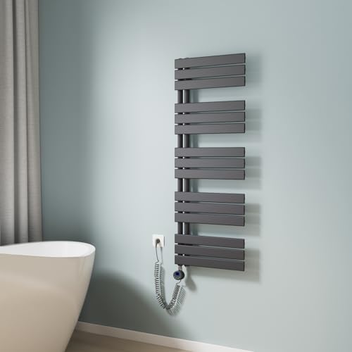 EMKE Badheizkörper Handtuchhalter Elektrisch 1320x500 mm, Handtuchheizkörper Elektrisch mit Thermostat Elektrischer Handtuchwärmer Handtuchtrockner Handtuchheizung mit Heizstab Anthrazit 800W von EMKE