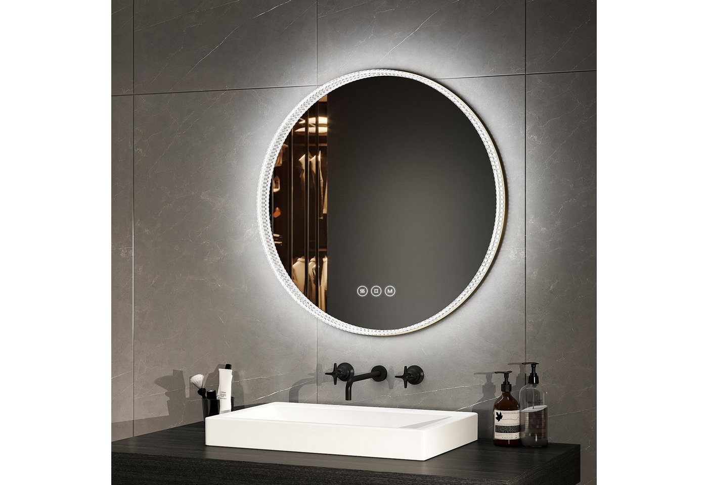 EMKE Badspiegel 60 cm LED Badezimmerspiegel 3 Lichtfarben Acryl Rahmen Spiegel, Wandspiegel mit Touch, Antibeschlage,Dimmbar, Memory-Funktion von EMKE