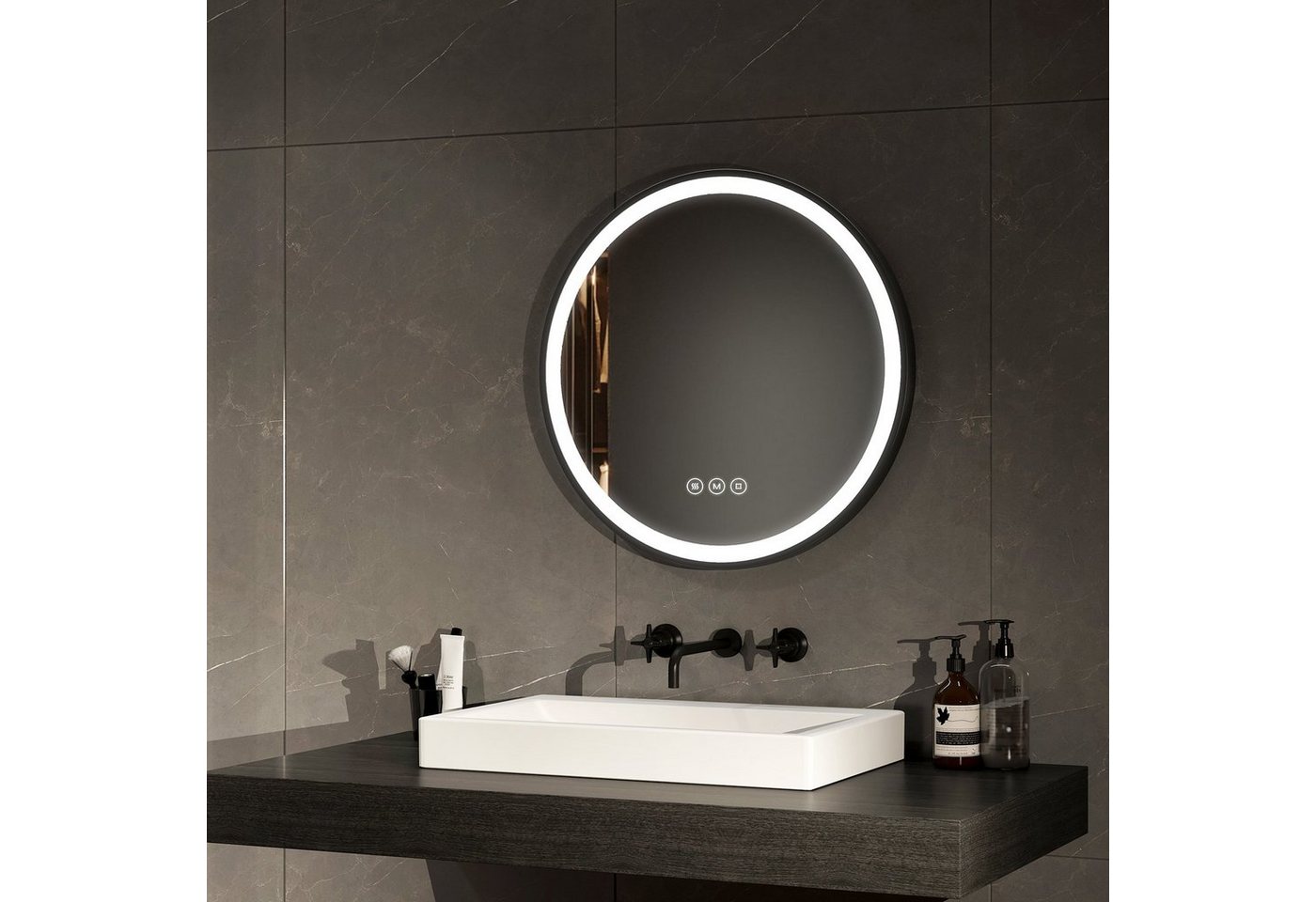 EMKE Badspiegel Antibeschlage Badezimmerspiegel mit schwarzem Rahmen, 3 Lichtfarben Dimmbar, Memory-Funktion Φ 50-80 cm von EMKE