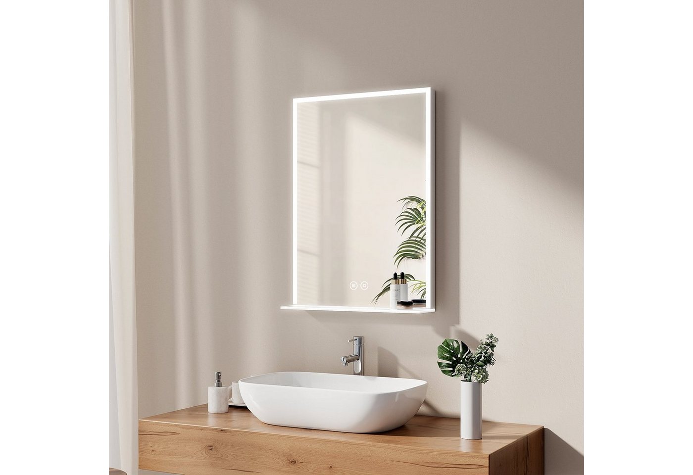 EMKE Badspiegel Badspiegel mit Beleuchtung Wandspiegel Kaltweiß Lichtspiegel, mit Ablage und Beschlagfrei 50x70cm von EMKE