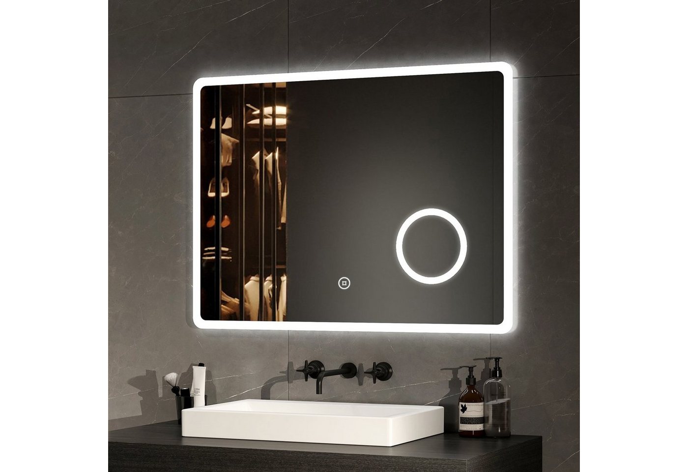 EMKE Badspiegel Badspiegel mit Beleuchtung LED Wandspiegel Badezimmerspiegel, mit Vergrößerung, Touchschalter, Kaltweißes Licht (Modell M) von EMKE