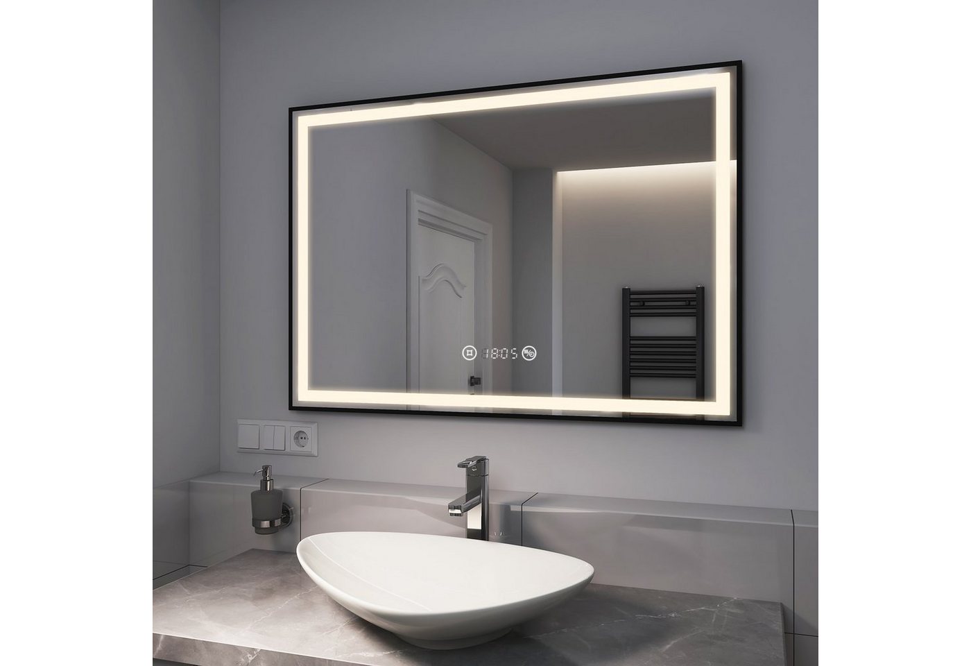 EMKE Badspiegel EMKE Badspiegel mit Beleuchtung LED Badspiegel Schwarz, mit Dimmbar, Beschlagfrei, Uhr, Speicherfunktion von EMKE