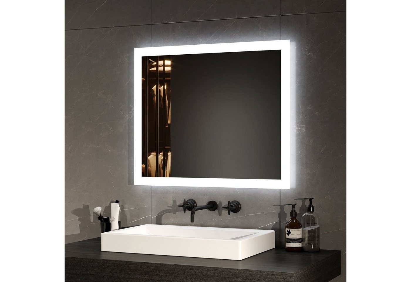 EMKE Badspiegel LED Badspiegel mit Beleuchtung Badezimmerspiegel Wandspiegel, mit Beschlagfrei, 2 Lichtfarbe Warmweiß/Kaltweiß von EMKE