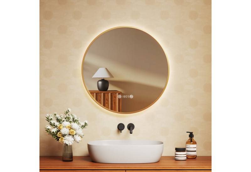 EMKE Badspiegel Rund mit Beleuchtung Gold gebürstet Rahmen (Modell R9, Φ 60-80 cm, Touchschalter), Antibeschlage, Uhr, Temperatur, Dimmbar, Memory-Funktion, IP44 von EMKE
