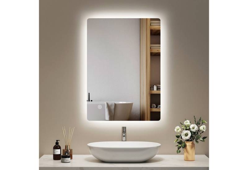 EMKE Badspiegel Antibeschlag 3 Lichtfarben/Kaltweiß Licht LED Beleuchtung Touch (Modell 09, Vertikal und Horizontal möglich), Wandspiegel mit Beleuchtung und Touch-Schalter Dimmbar IP44 von EMKE
