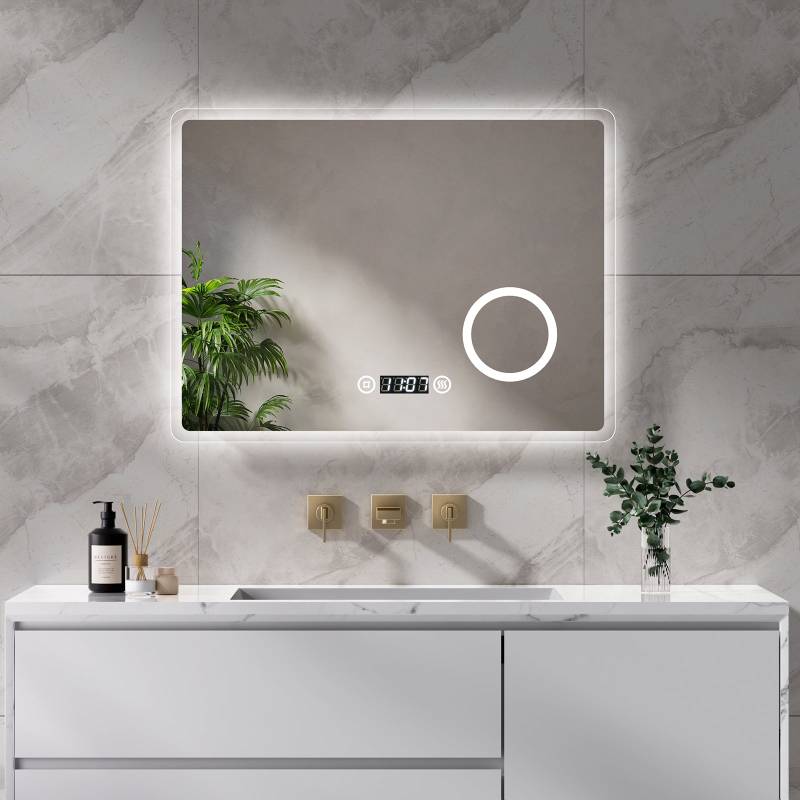EMKE Badspiegel "LeeMi πX Plus" 60*80cm mit Touch+Dimmbar+Beschlagfrei+3x Kosmetikspiegel+Digitaluhr von EMKE