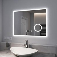 Emke - Badspiegel mit 3-fache Vergrößerung, led Badspiegel mit Beleuchtung, 90x70cm, Kaltweißes Licht Dimmbar, Touch, Beschlagfrei, Uhr von EMKE