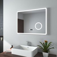 Emke - Badspiegel mit Beleuchtung, led Wandspiegel 80x60cm (Kaltweißes Licht, Touch-Schalter, Beschlagfrei, Uhr, 3-fach Lupe) von EMKE