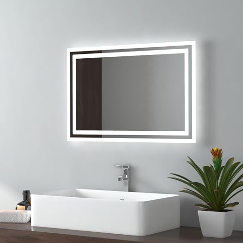 EMKE Badspiegel mit Beleuchtung 40x60cm, Badezimmerspiegel mit Kippschalter+Beschlagfrei+2 Lichtfarbe Warmweiß/Kaltweiß, Horizontal/Vertikal LED Badspiegel Energiesparend von EMKE