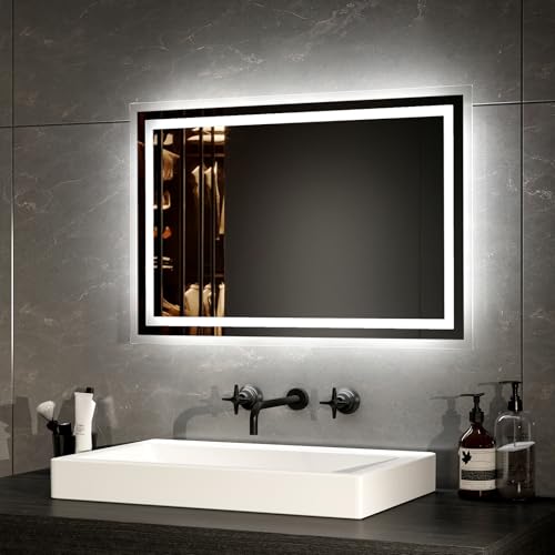 EMKE Badspiegel mit Beleuchtung 40x60cm LED Badspiegel Antibeschlag Kaltweiß Warmweiß Lichtspiegel, badezimmerspiegel mit Taste Schalter Hochwertiger Aluminiumrahmen IP44 Energiesparend von EMKE