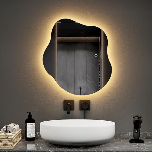 EMKE Badspiegel mit Beleuchtung 50x45cm Asymmetrischer Spiegel mit 3 Lichtfarbe Dimmbar, Antibeschlag, Touch, Speicherfunktion, Badezimmerspiegel von EMKE
