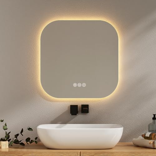 EMKE Badspiegel mit Beleuchtung 50x50cm mit 3 Lichtfarbe Dimmbar, Antibeschlag, Touchschalter, Speicherfunktion, Energiesparend Badezimmerspiegel von EMKE