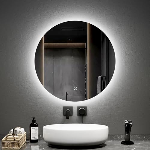 EMKE Badspiegel mit Beleuchtung 60 cm Durchmesser mit dimmbar kaltes weißes Licht 6500K, Speicherfunktion, Touchschalter IP44 energiesparend LED Badezimmerspiegel von EMKE