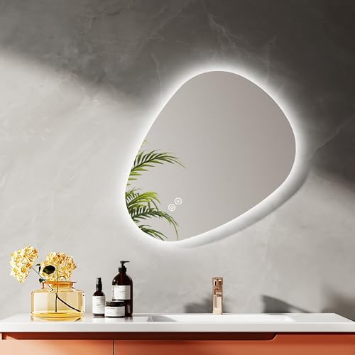 EMKE Badspiegel mit Beleuchtung 60 x 45 cm Asymmetrischer LED Spiegel mit Touch-Schalter, 3 Lichtfarben Dimmbar, Beschlagfrei Badezimmerspiegel mit Beleuchtung IP44 Energiesparend von EMKE