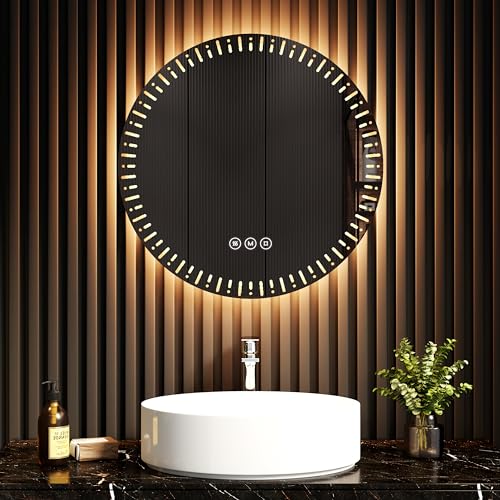 EMKE Badspiegel mit Beleuchtung 60cm runder Spiegel mit 3 Lichtfarbe Dimmbar, Antibeschlag, Touchschalter, Speicherfunktion, Badezimmerspiegel mit Beleuchtung Energiesparend von EMKE