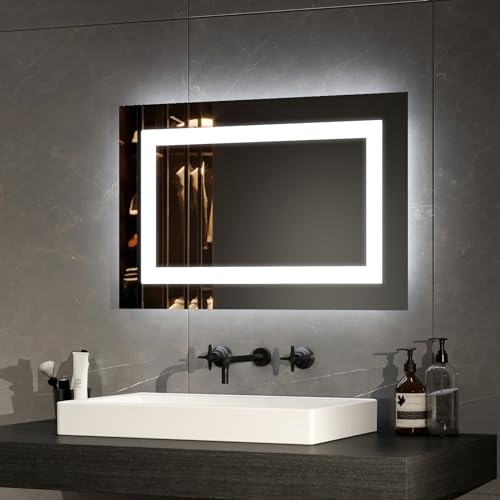EMKE Badspiegel mit Beleuchtung 60x40cm, Badezimmerspiegel mit Beschlagfrei und 2 Lichtfarbe Warmweiß/Kaltweiß, Kippschalter, LED Badspiegel Klein Horizontal/Vertikal von EMKE