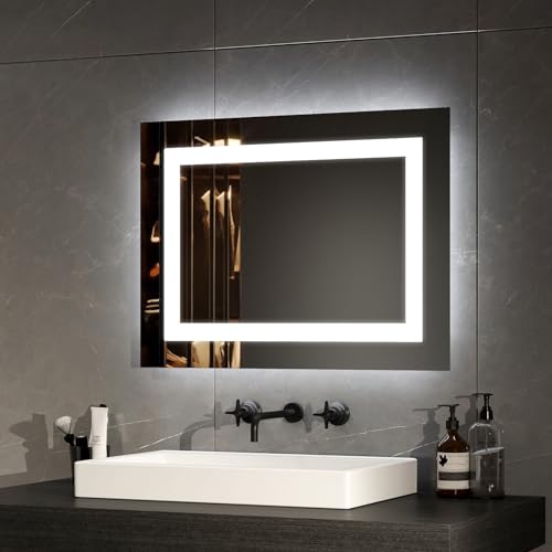 EMKE Badspiegel mit Beleuchtung 60x45cm, Badezimmerspiegel mit Beschlagfrei und 2 Lichtfarbe Warmweiß/Kaltweiß, Kippschalter, LED Badspiegel Klein Horizontal/Vertikal von EMKE