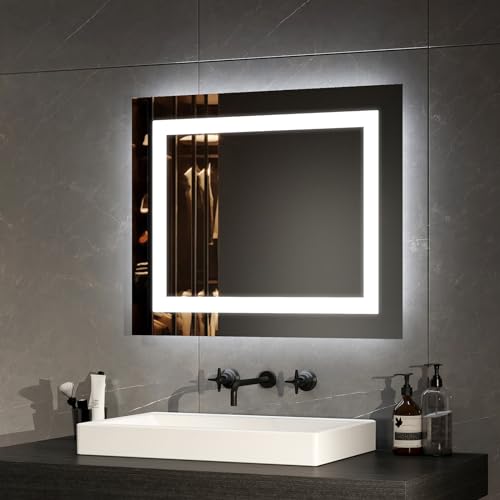 EMKE Badspiegel mit Beleuchtung 60x50cm, Badezimmerspiegel mit Beschlagfrei und 2 Lichtfarbe Warmweiß/Kaltweiß, Kippschalter, LED Badspiegel Klein Horizontal/Vertikal von EMKE