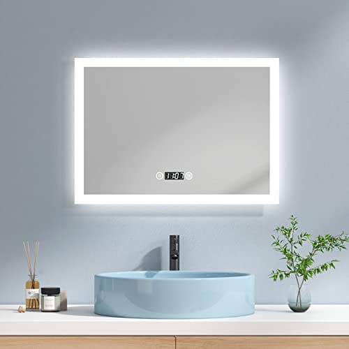 EMKE Badspiegel mit Beleuchtung 70x50cm LED Badezimmerspiegel mit 3 Lichtfarbe Kaltweiß Neutral Warmweiß Lichtspiegel Spiegel mit Beleuchtung mit Touchschalter, Beschlagfrei, Uhr IP44 von EMKE