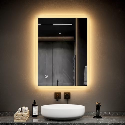 EMKE Badspiegel mit Beleuchtung 80x60cm Badezimmerspiegel mit Touch, 3 Lichtfarbe dimmbar, Antibeschlag, Speicherfunktion, energiesparend Wandspiegel von EMKE