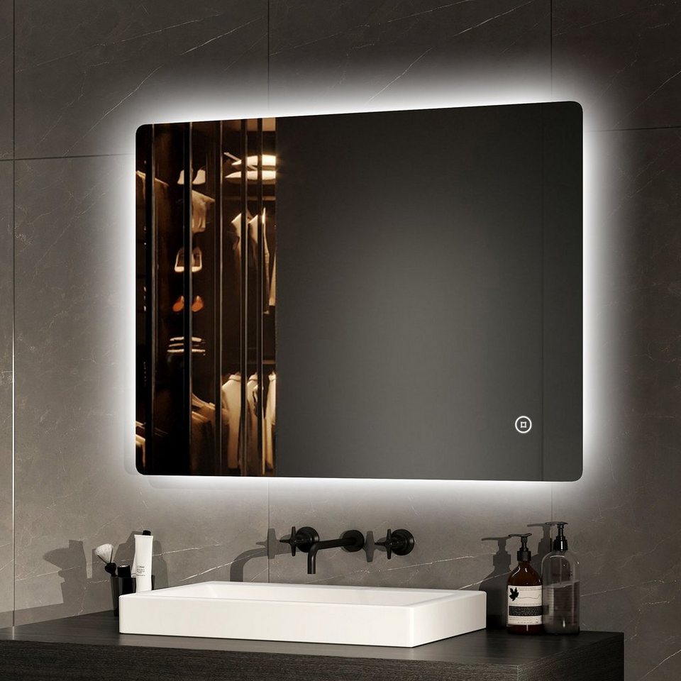 EMKE Badspiegel mit LED Beleuchtung Badezimmerspiegel rahmenlos (Modell 09, Vertikal und Horizontal möglich), mit Touch 3 Farben des Lichts Dimmbar 80-100cm IP44 von EMKE