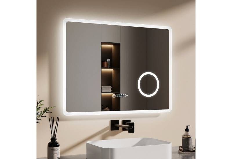 EMKE Badspiegel mit Beleuchtung LED Wandspiegel 3-fach Vergrößerung Kosmetikspiegel (Modell 13, Breit: 80~100cm, Touchschalter), 3 Lichtfarben Dimmbar Antibeschlag Uhr-Anzeige IP44 von EMKE