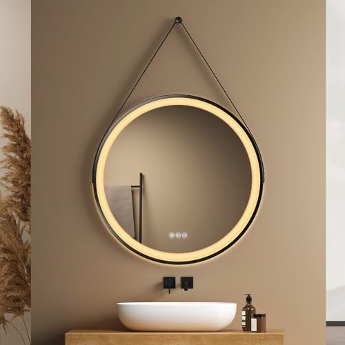 EMKE Badspiegel mit Beleuchtung Rund 70cm, Badezimmerspiegel mit 3 dimmbaren Lichtfarben, Antibeschlag, Touchschalter, Speicherfunktion, Schwarzer Runder Spiegel mit Spiegelband von EMKE