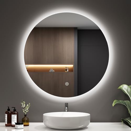 EMKE Badspiegel mit Beleuchtung Rund 70cm Rund LED Badspiegel mit Touch-Schalter, Dimmbar, 6500K, 3 Std. Abschaltautomatik, Runder Badezimmerspiegel mit Beleuchtung IP44 Wasserdicht von EMKE