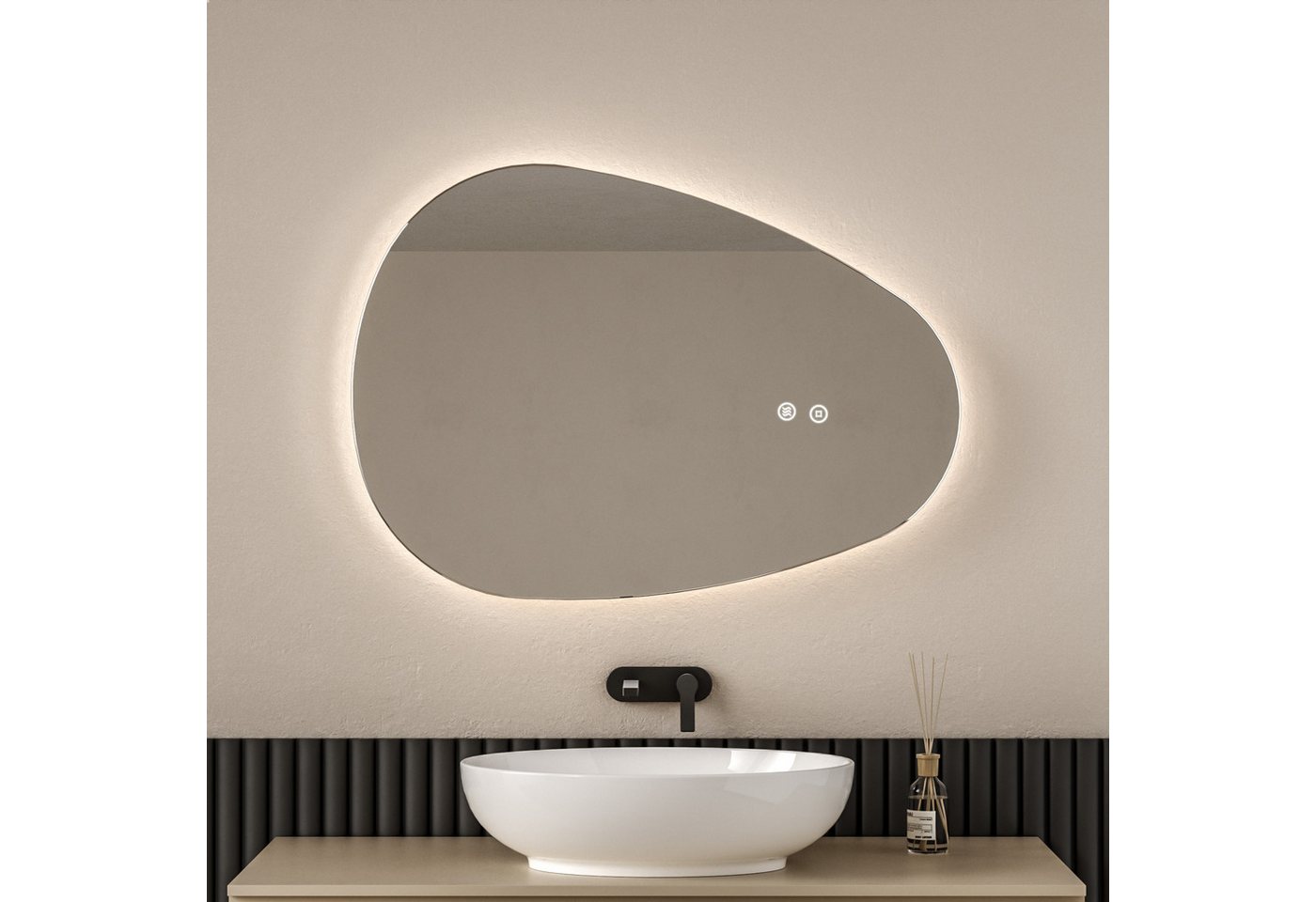 EMKE Badspiegel mit Beleuchtung Wandspiegel asymmetrisch Lichtspiegel Tropfenform, Touchschalter 3 Lichtfarben einstellbare Helligkeit Antibeschlag IP44 EMKE Badspiegel mit Beleuchtung Wandspiegel asymmetrisch Lichtspiegel Tropfenform, Touchschalter 3 Lichtfarben einstellbare Helligkeit Antibeschlag IP44 von EMKE