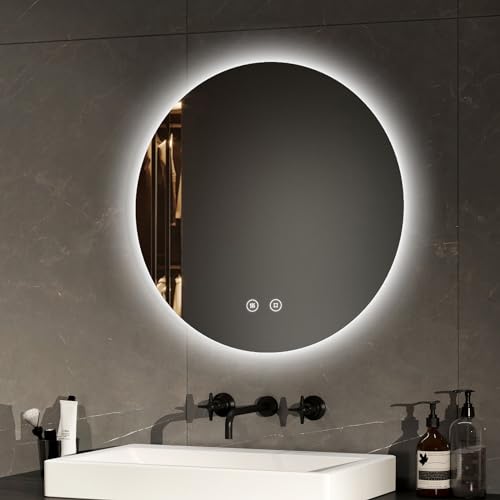 EMKE Badspiegel mit Beleuchtung rund 50cm Durchmesser Badezimmerspiegel mit Antibeschlag, Dimmbar Kaltweiß Licht, Speicherfunktion, Touchschalter, energiesparend hinterleuchtet Wandspiegel von EMKE