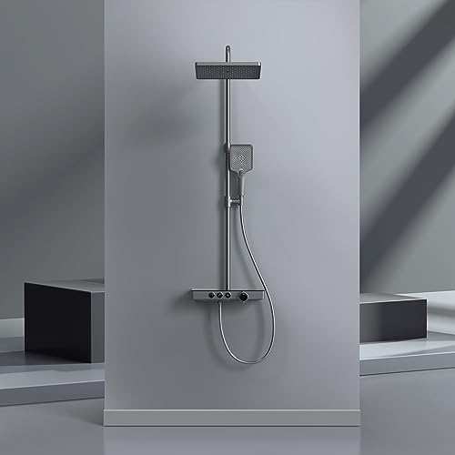 EMKE Design Duschsystem mit Thermostat Duschsystem Regendusche, 45cm Thermostatische Platte Duschsäuleset,Handbrause 3 Strahlarten,Regendusche mit Armatur, Anthrazit Matt von EMKE