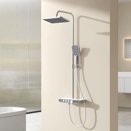 EMKE Design Duschsystem mit Thermostat Duschsystem Regendusche, 45cm Thermostatische Platte Duschsäuleset,Handbrause 3 Strahlarten,Regendusche mit Armatur,Chrom von EMKE