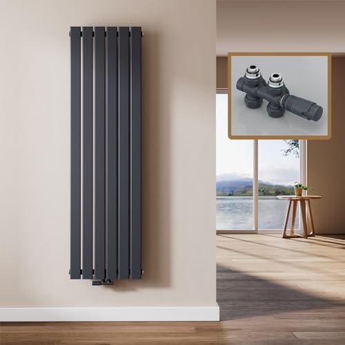 EMKE Design Heizkörper Flach mit Multiblock 160 x 46 cm, Flachheizkörper Einlagig Vertikal Paneelheizkörper Mittelanschluss Wandheizkörper Anthrazit 850 Watt von EMKE