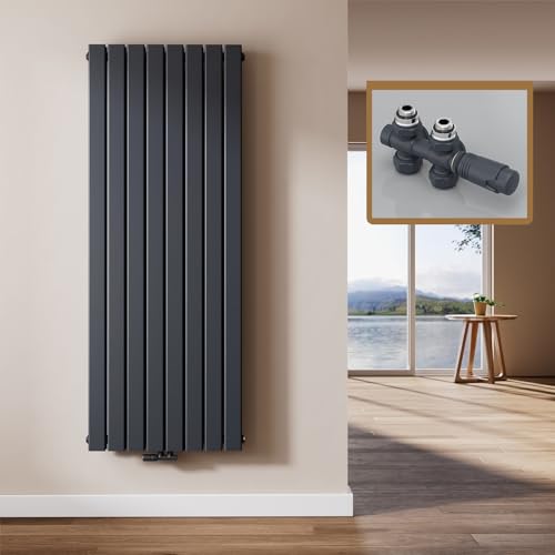 EMKE Design Heizkörper Flach mit Multiblock 160 x 62 cm, Flachheizkörper Doppellagig Vertikal Paneelheizkörper Mittelanschluss Wandheizkörper Anthrazit 1988 Watt von EMKE