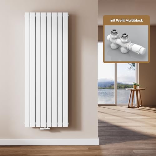 EMKE Design Heizkörper Flach mit Multiblock 160 x 62 cm, Flachheizkörper Doppellagig Vertikal Paneelheizkörper Mittelanschluss Wandheizkörper Weiß 1988 Watt von EMKE