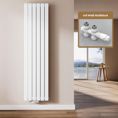EMKE Design Heizkörper Flach mit Multiblock 180 x 46 cm, Flachheizkörper Doppellagig Vertikal Paneelheizkörper Mittelanschluss Wandheizkörper Weiß 1670 Watt von EMKE