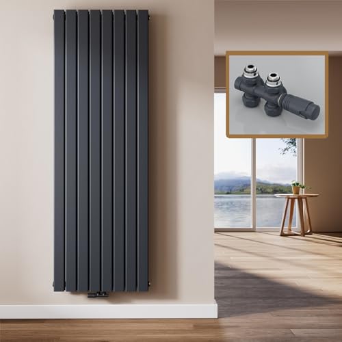 EMKE Design Heizkörper Flach mit Multiblock 180 x 62 cm, Flachheizkörper Doppellagig Vertikal Paneelheizkörper Mittelanschluss Wandheizkörper Anthrazit 2227 Watt von EMKE