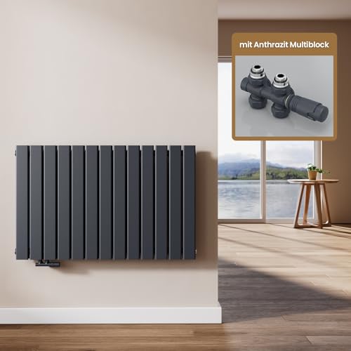 EMKE Design Heizkörper Flach mit Multiblock 63 x 100 cm, Flachheizkörper Doppellagig Horizontal Paneelheizkörper Seitenanschluss Wandheizkörper Anthrazit 1343 Watt von EMKE