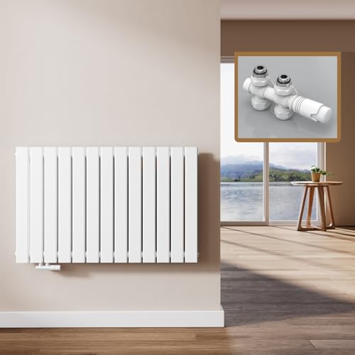 EMKE Design Heizkörper Flach mit Multiblock 63 x 100 cm, Flachheizkörper Doppellagig Horizontal Paneelheizkörper Seitenanschluss Wandheizkörper Weiß 1343 Watt von EMKE