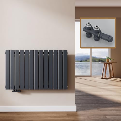 EMKE Design Heizkörper Flach mit Multiblock 63 x 100 cm, Flachheizkörper Einlagig Horizontal Paneelheizkörper Seitenanschluss Wandheizkörper Anthrazit 730 Watt von EMKE