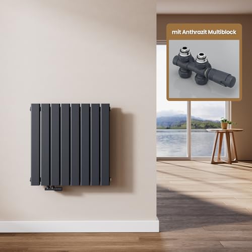EMKE Design Heizkörper Flach mit Multiblock 63 x 62 cm, Flachheizkörper Doppellagig Horizontal Paneelheizkörper Seitenanschluss Wandheizkörper Anthrazit 826 Watt von EMKE