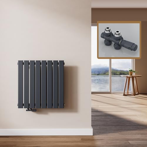EMKE Design Heizkörper Flach mit Multiblock 63 x 62 cm, Flachheizkörper Einlagig Horizontal Paneelheizkörper Seitenanschluss Wandheizkörper Anthrazit 450 Watt von EMKE