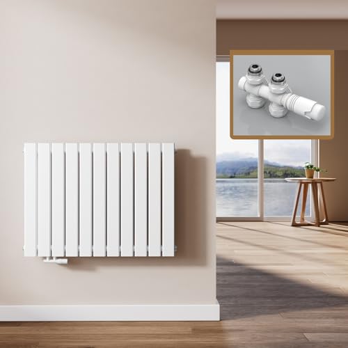 EMKE Design Heizkörper Flach mit Multiblock 63 x 85 cm, Flachheizkörper Doppellagig Horizontal Paneelheizkörper Seitenanschluss Wandheizkörper Weiß 1136 Watt von EMKE