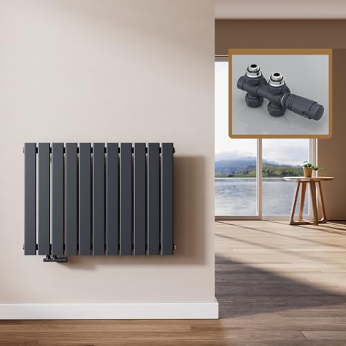 EMKE Design Heizkörper Flach mit Multiblock 63 x 85 cm, Flachheizkörper Einlagig Horizontal Paneelheizkörper Seitenanschluss Wandheizkörper Anthrazit 618 Watt von EMKE