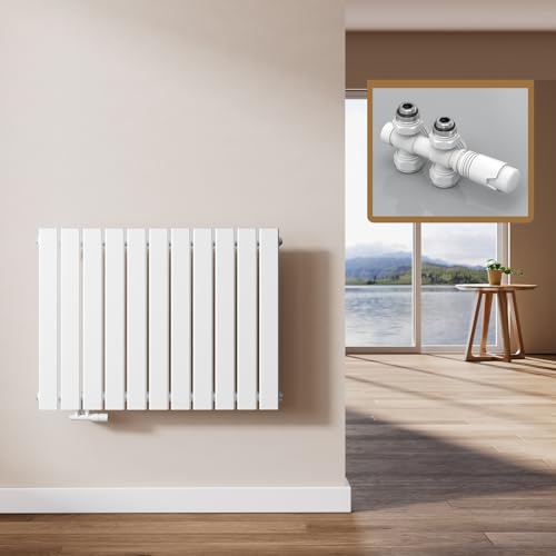 EMKE Design Heizkörper Flach mit Multiblock 63 x 85 cm, Flachheizkörper Einlagig Horizontal Paneelheizkörper Seitenanschluss Wandheizkörper Weiß 618 Watt von EMKE